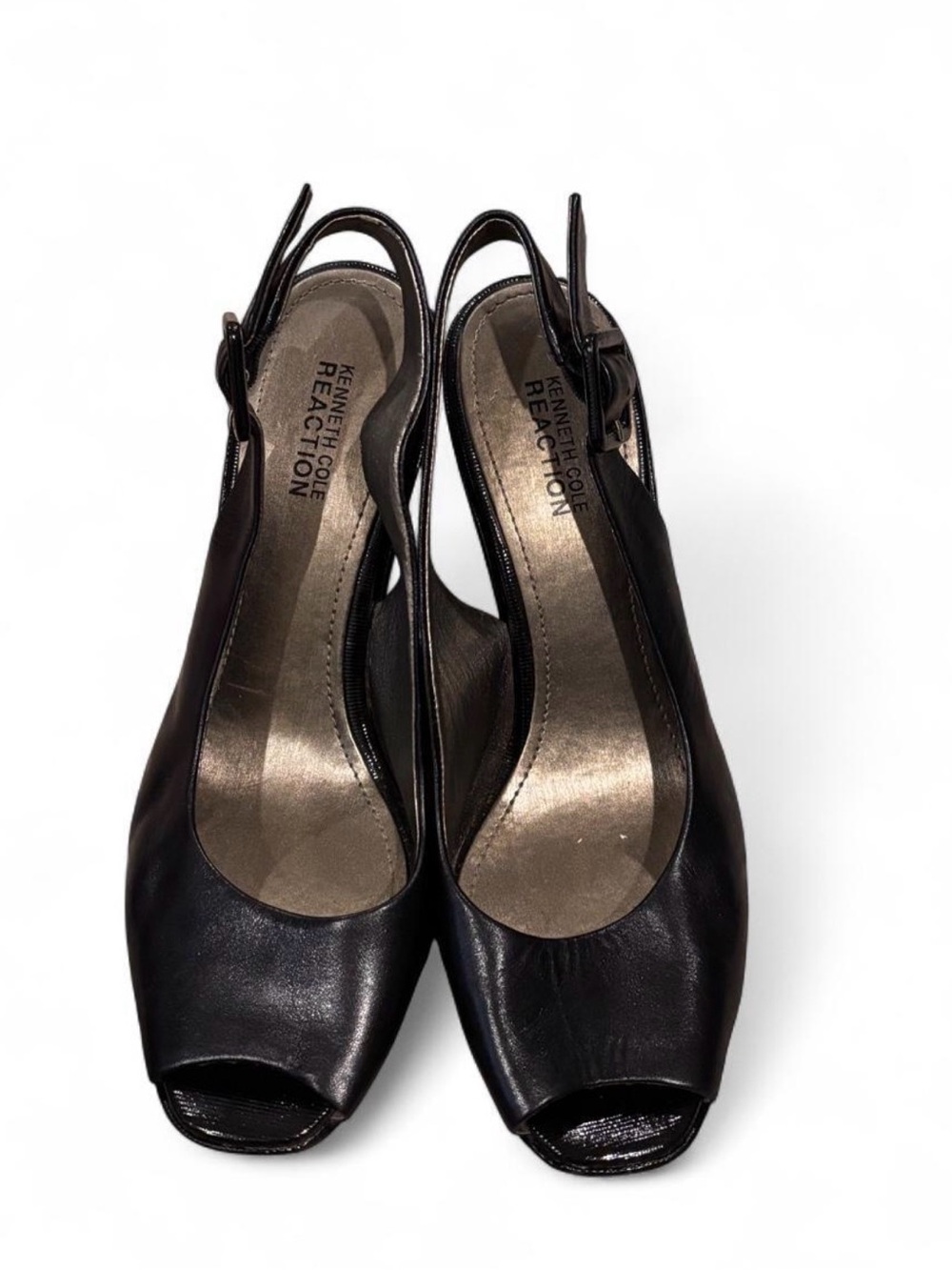 Kenneth Cole Reaction Liberty Knock Black Leather Peep Toe Wedge Sandals 8M